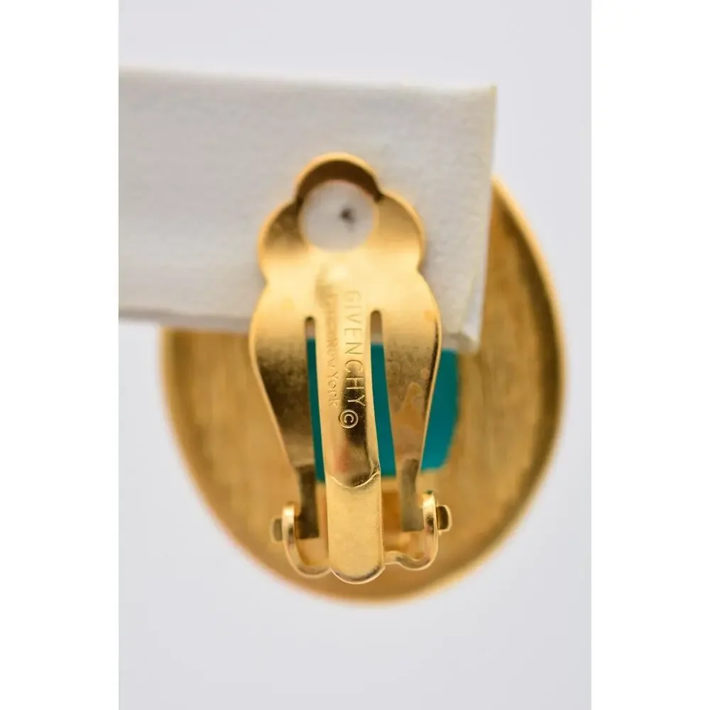 Givenchy Vintage Cabochon Clip On Earrings Teal Brushed Gold Chunky Signed BinAY - Picture 9 of 12